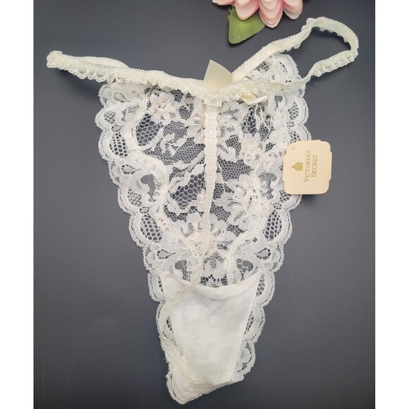 Vtg M/L Victorias Secret Lace T Back G String Thong Panties Beaded Ivory Bridal - Picture 2 of 11